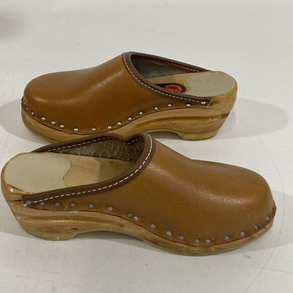Vintage Girls Swedish Bastad-Toffeln Wood & Tan Leather Clogs Size 24 Us 8 - Picture 10 of 11